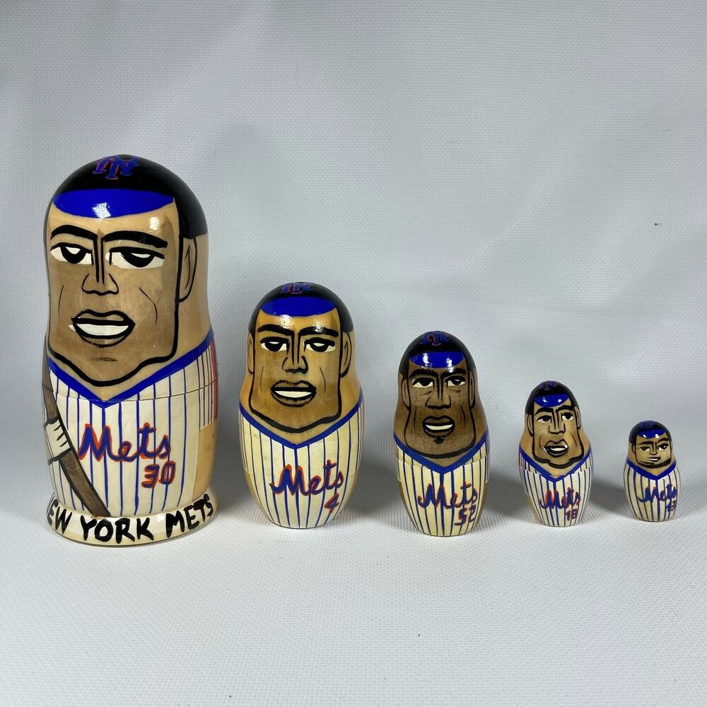 RARE HAND PAINTED NEW YORK NY METS BASEBALL 5 RUSSIAN NESTING STACKABLE DOLLS